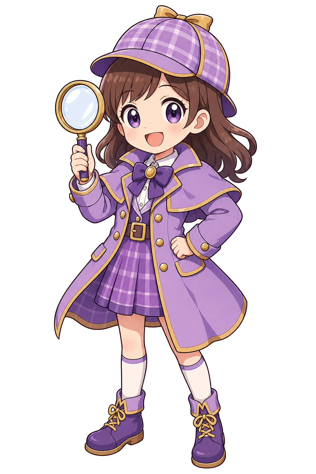 A cheerful young detective holding a magnifying glass